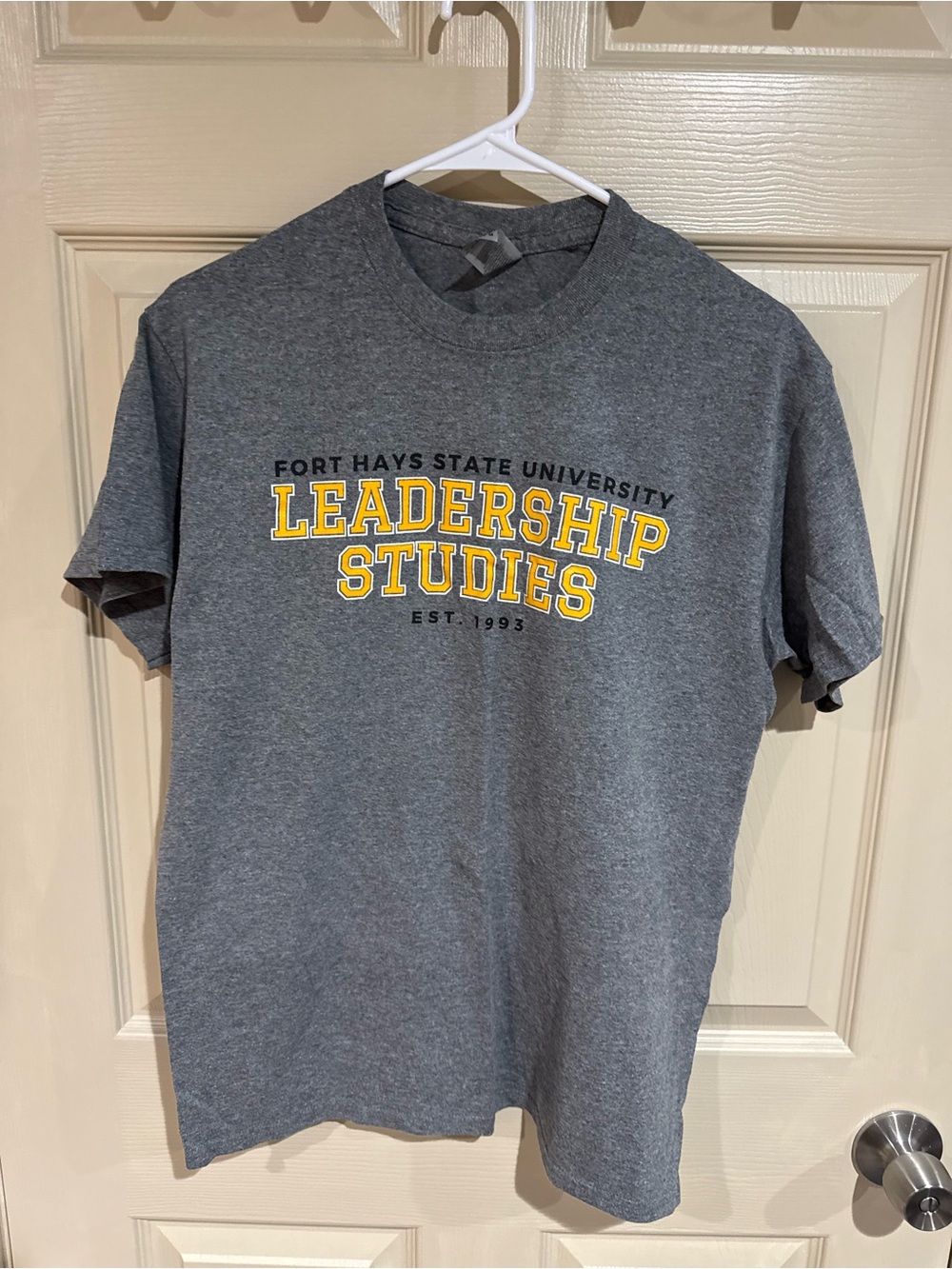 Gildan Gray Fort Hays State University Leadership Studies Tee with Yellow Print